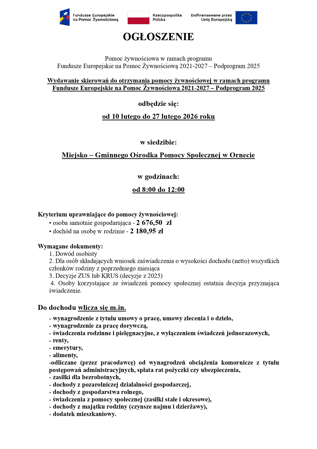 Ogłoszenie - Pomoc żywnościowa